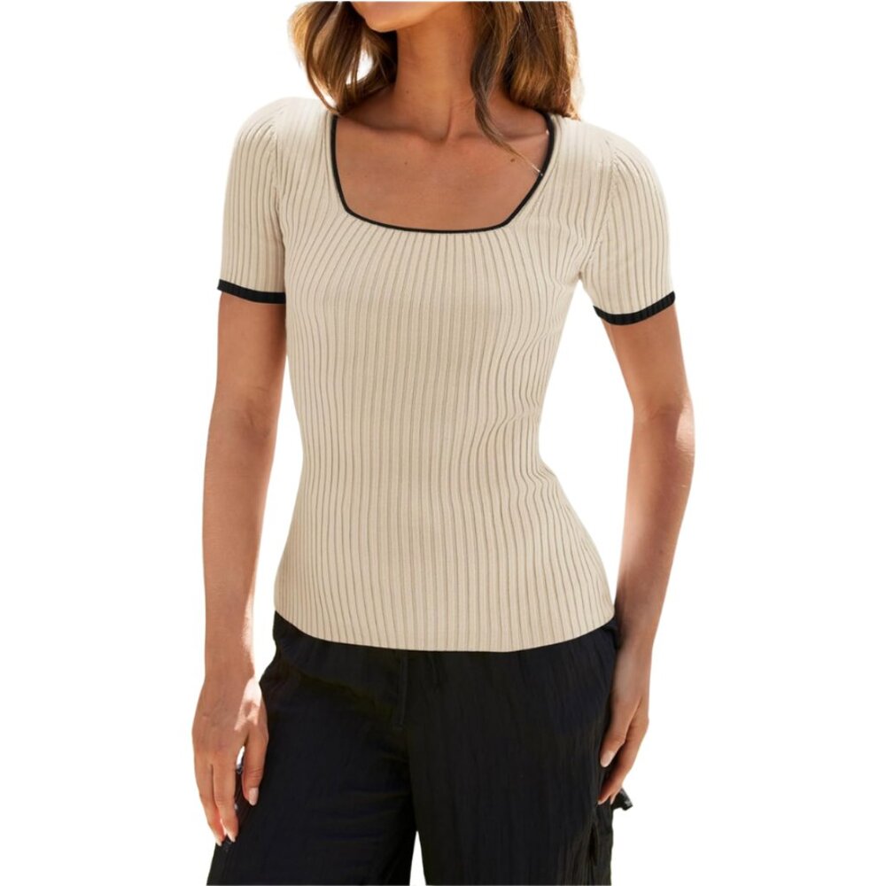 ZESICA Square Neck Ribbed Knit Color Block Short Sleeve Tee